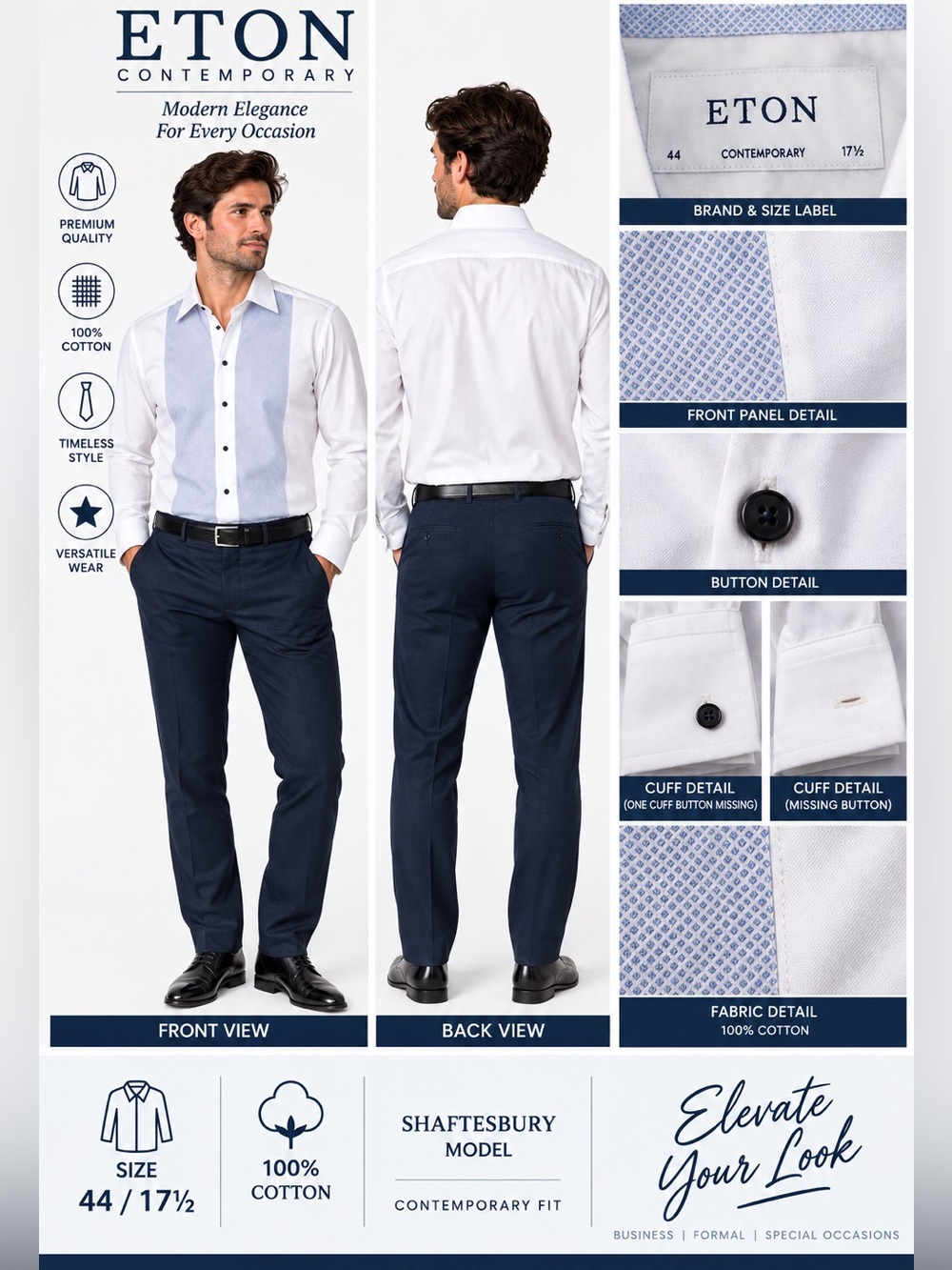ETON Contemporary Men’s 44 17.5 White Blue Cotton Dress Shirt Shaftesbury